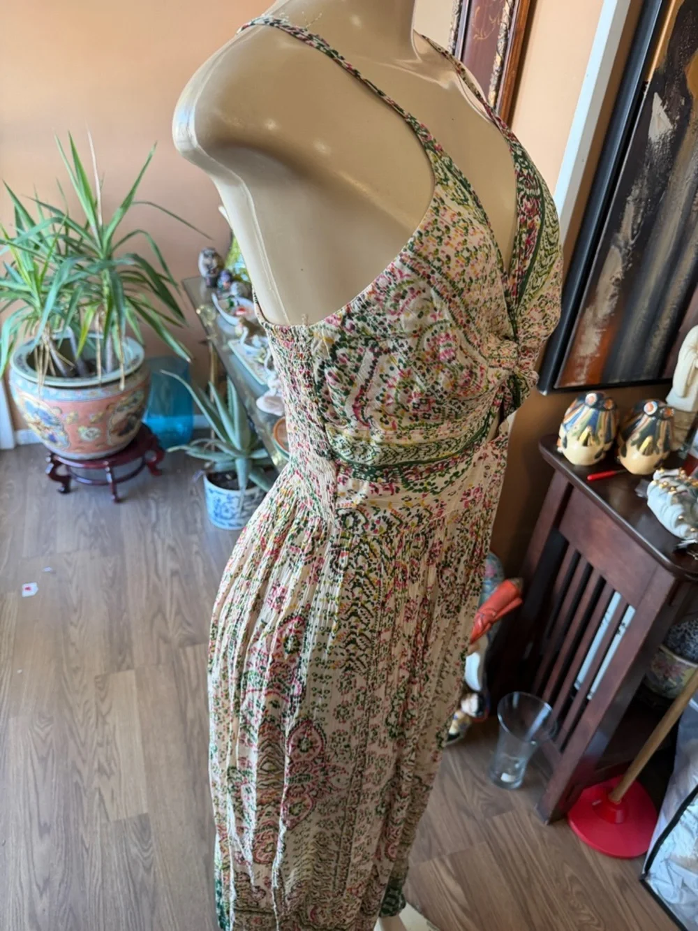 Boho Twist-Front‎ Floral Maxi Dress in Cream and Pink